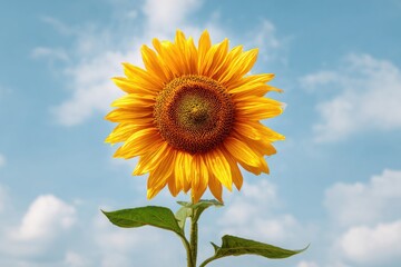 Vivid yellow sunflower in full bloom with a clean blue sky background symbolizing summer positivity and nature beauty.