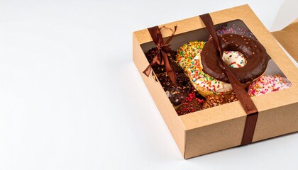 A variety of colorful glazed and sprinkled donuts are displayed in a light brown cardboard gift box with a dark brown ribbon.