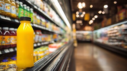 Clear plastic bottle of orange juice on refrigerated supermarket shelf with blurred beverage bottles in background under bright store lighting
