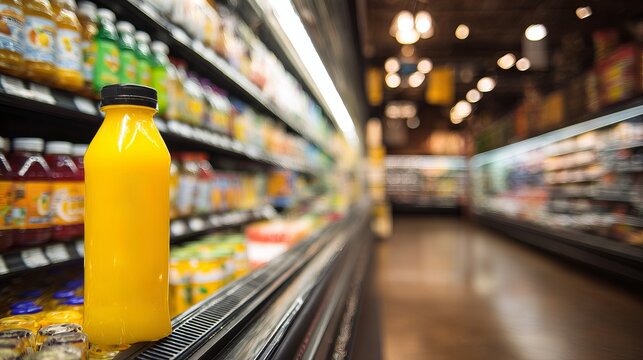Clear plastic bottle of orange juice on refrigerated supermarket shelf with blurred beverage bottles in background under bright store lighting