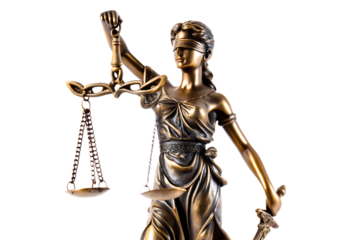 Bronze Lady Justice statue holding scales and sword isolated on a transparent background 