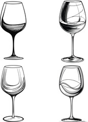 Black and white wine glass line art vector, elegant ink doodle style, smooth outline with minimal details, abstract drink illustration