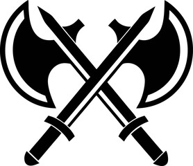Black silhouette of crossed sword and axe ideal for medieval combat or fantasy battle themes.