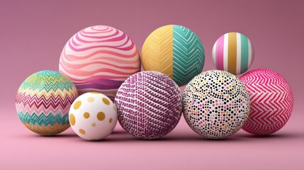 Fototapeta premium Colorful decorative spheres with various patterns arranged artistically on a soft pink background