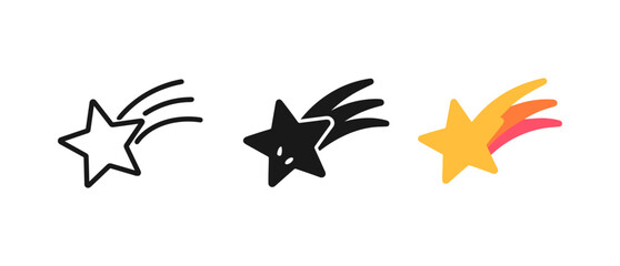 Set of shooting star icons with diverse styles: outline, solid, and colorful