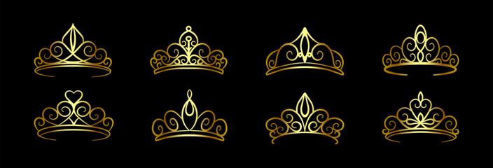 Set of golden tiara doodles. Elegant vintage crowns with decorative swirls and filigree ornaments on a black background. Stylish silhouettes for wedding, princess, luxury and festive design. © Kolerowa
