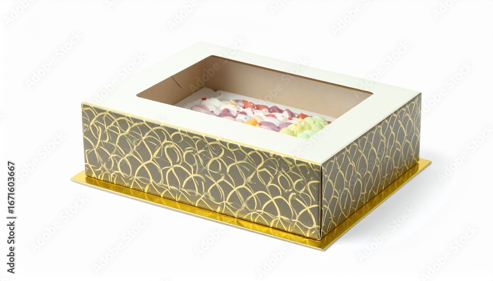 Poster a rectangular cake box with a decorative gold pattern and a clear window displays a colorful confect