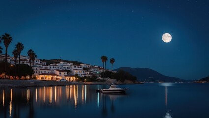 Serene coastal village illuminated at night under a full moon