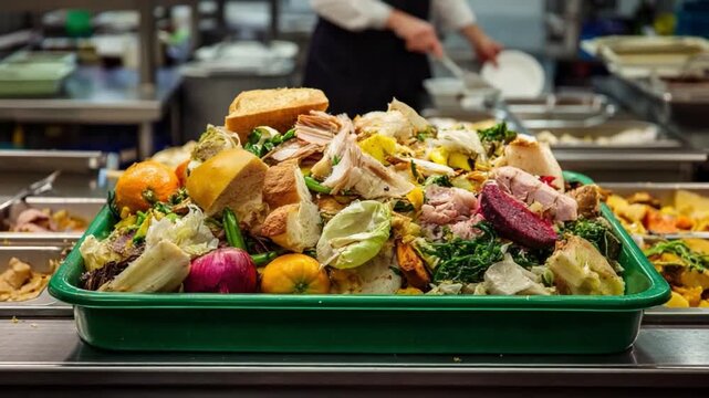 Culinary Waste in the Commercial Kitchen: An overflowing bin of food waste and a person are managing excess ingredients creating visual of food loss.