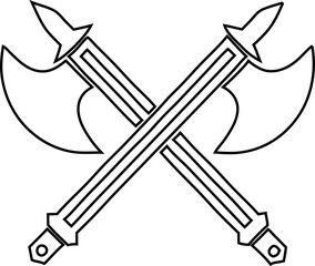 Fantasy combat icon  outline vector of crossed medieval axes for RPGs or historic artwork.