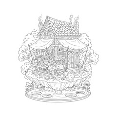 Whimsical fantasy herb shop illustration, detailed line art of a fairytale building for a coloring page.
