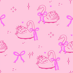 Pink pattern with swans with bows. Vector graphics. © Екатерина Зирина