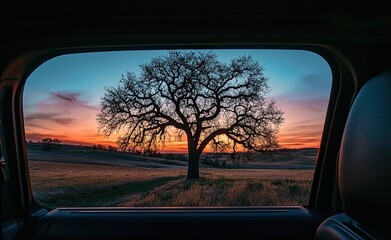 Fototapeta premium The view of the tree from inside an SUV, sitting in the driver's seat looking out at it through one side window, with a large field visible behind and to either side