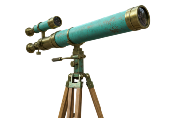 Isolated antique nautical brass telescope for scientific research, observation, and exploration
