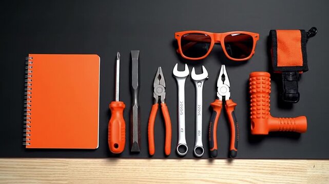 Orange Tools and Accessories Arranged on Dark Background