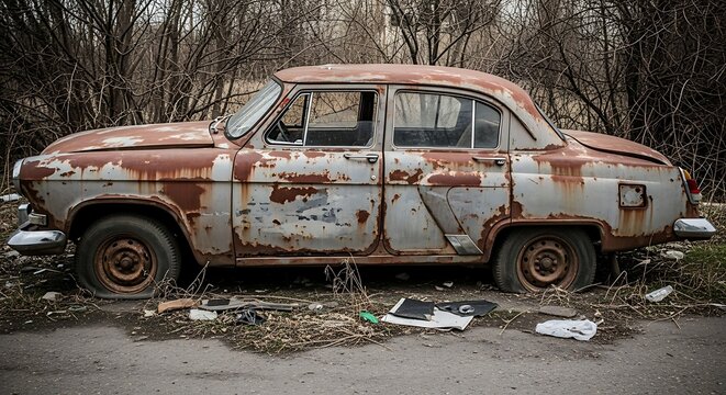 Fototapeta Abandoned Rusty Vintage Car in Overgrown Nature.