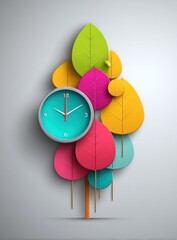 Quirky design teal clock nestled in colorful, paper-cutout style leaves on stems against a grey backdrop