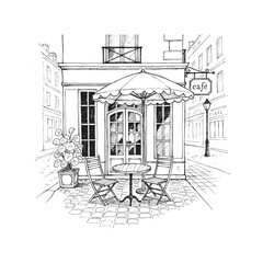 Hand-drawn sketch of a romantic European street cafe with an outdoor table, chairs, and umbrella.
