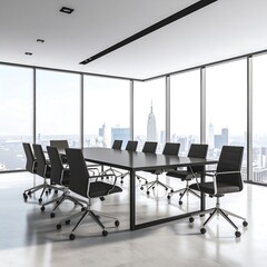 A modern, minimalist conference room with a panoramic city view, showcasing a long black table and matching black chairs.