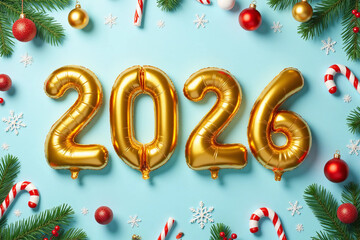 Celebratory scene featuring golden 2026 balloons surrounded by festive Christmas ornaments including candy canes, baubles, and snowflakes on a light blue background.