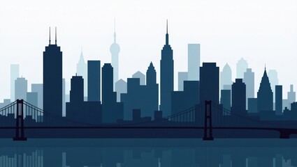 Fototapeta premium A tranquil cityscape silhouette, showcasing a modern metropolis with towering structures and a prominent bridge, rendered in muted blues and grays.
