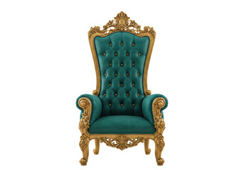 Isolated ornate teal and gold throne chair against neutral backdrop, furnishing elegance