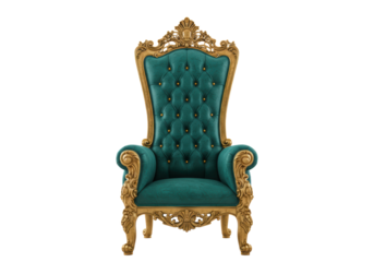 Isolated ornate teal and gold throne chair against neutral backdrop, furnishing elegance