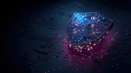 Abstract digital shield representing cybersecurity over a circuit board background with glowing elements