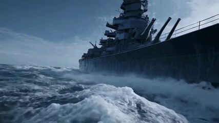 A massive battleship powers through rough ocean waves during a storm, symbolizing military might, naval force, and resilience in the face of adversity and conflict - Powered by Adobe