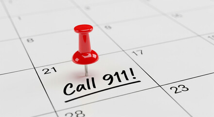 Calendar with a red pin on a date and the words call 911 written on it, representing an emergency or urgent situation isolated on white background