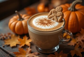Warm pumpkin spice latte with whipped cream and gingerbread topping, surrounded by autumn leaves and pumpkins.