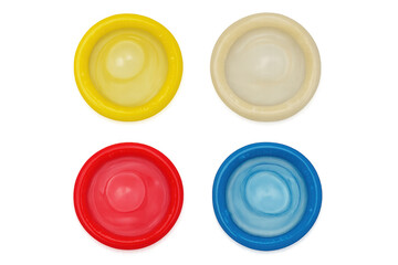 Four Colorful Rolled Condoms on Transparent Background Promoting Safe Sex