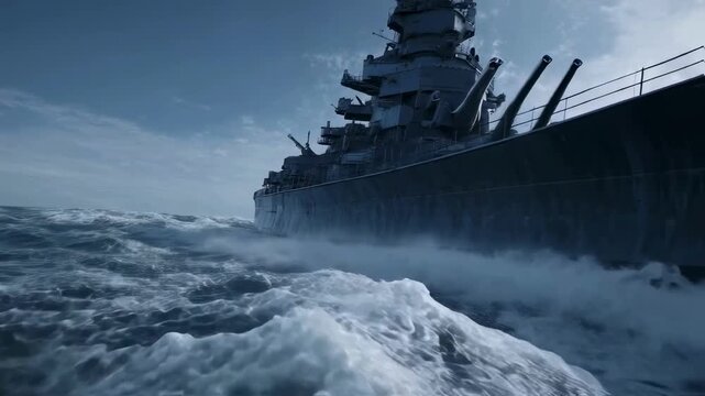 A massive battleship powers through rough ocean waves during a storm, symbolizing military might, naval force, and resilience in the face of adversity and conflict