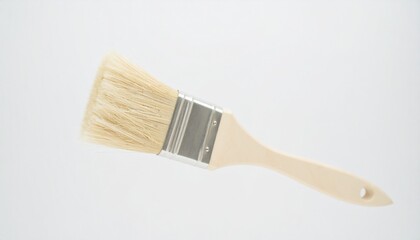 A light beige paintbrush, angled, rests against a bright white backdrop.
