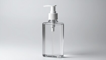 A rectangular, clear plastic bottle with a white pump dispenser, featuring a simple and modern design, sits against a neutral backdrop.