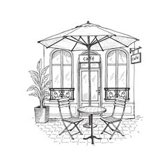 Hand-drawn sketch of a romantic European street cafe with an outdoor table, chairs, and umbrella.

