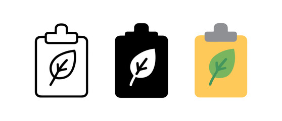 Eco-friendly clipboard icons with leaf design in minimalist style
