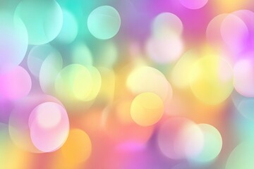 Soft, colorful bokeh with overlapping circles in pastel shades of pink, yellow, green, blue, purple, and orange creates a dreamy, blurred atmosphere
