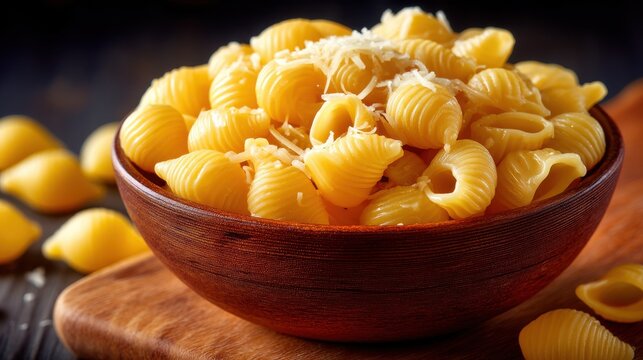 A close-up view of a wooden bowl filled with delicious shell pasta topped with cheese