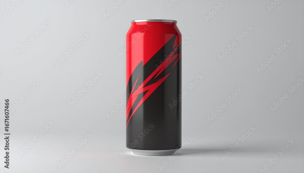 Poster a metallic beverage can with a bold red and black design displays a dynamic graphic element.