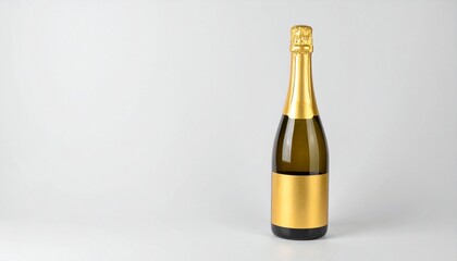 A gold-capped champagne bottle with a blank label stands against a plain gray background.