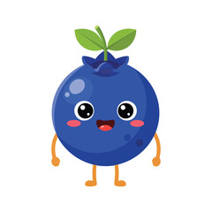 Cute Blueberry Cartoon Character with Smiling Face and Green Leaf