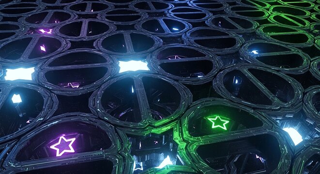 Futuristic dark grid with glowing neon patterns and star shapes. Abstract technology background with vibrant purple, blue, and green lights.