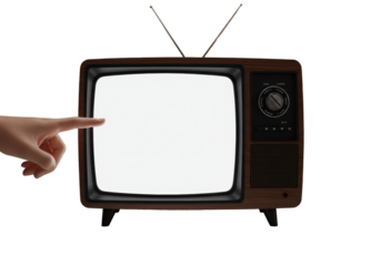 Isolated retro television set, with a hand touching the screen, technology of yesterday