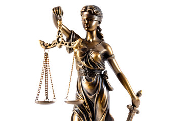 Bronze Lady Justice statue holding scales and sword isolated on a transparent background 