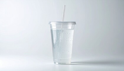 A clear plastic disposable cup filled with effervescent water, featuring a straw and lid, stands against a plain white background.