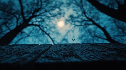 Spooky wooden table under trees at night