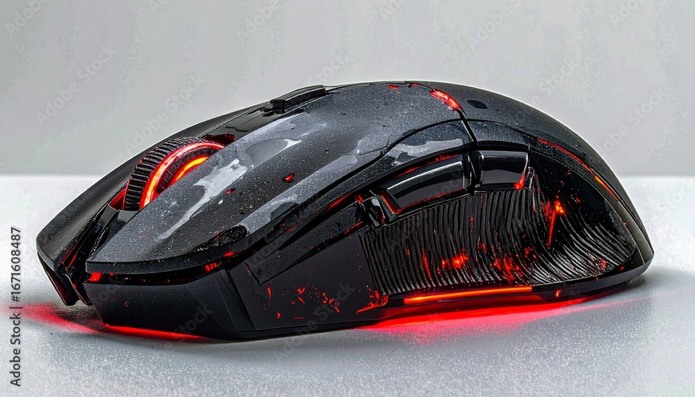 Poster a black computer mouse with glowing red accents and textured surface, angled for a dynamic perspecti
