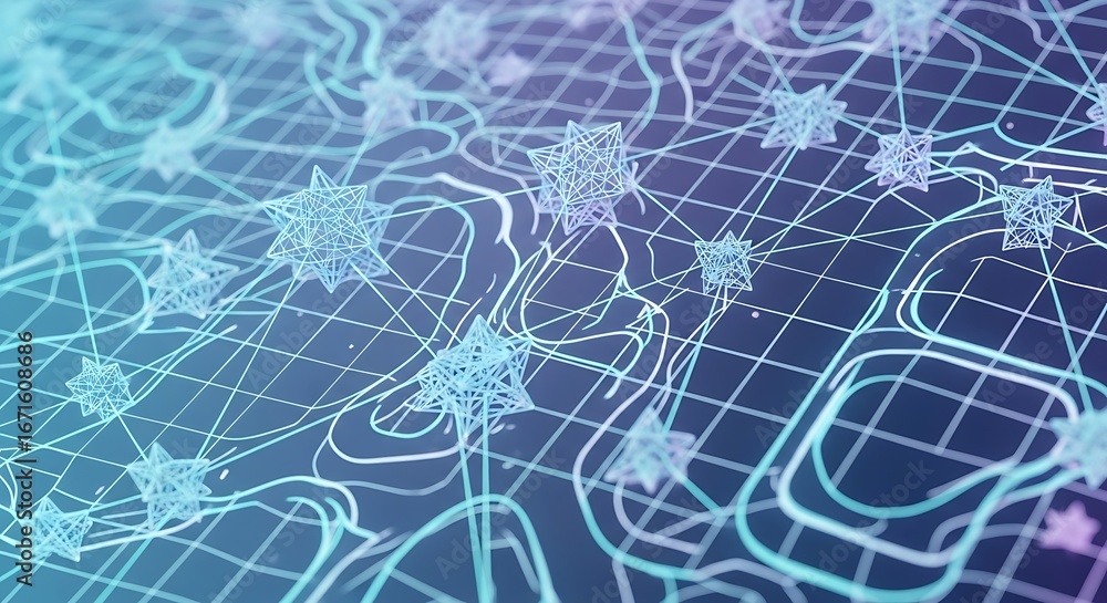 Poster futuristic abstract digital network with geometric wireframe stars and interconnecting glowing lines