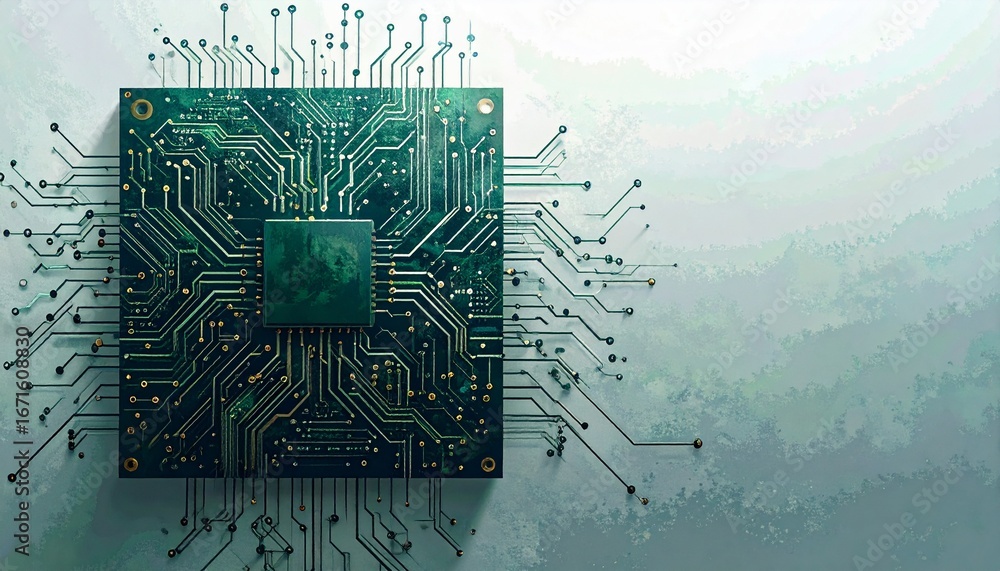 Poster a detailed top-down view of a complex circuit board, showcasing intricate pathways and a central pro